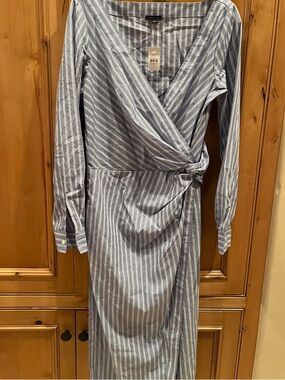 Ann Taylor Light Blue & White Striped Wrap Midi Dress